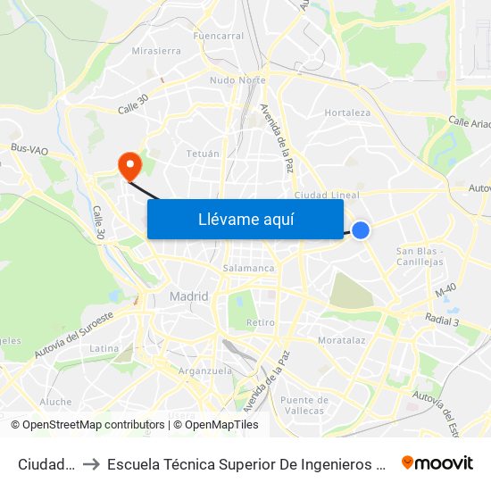 Ciudad Lineal to Escuela Técnica Superior De Ingenieros De Telecomunicación Upm map