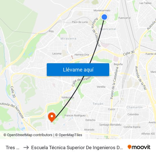 Tres Olivos to Escuela Técnica Superior De Ingenieros De Telecomunicación Upm map