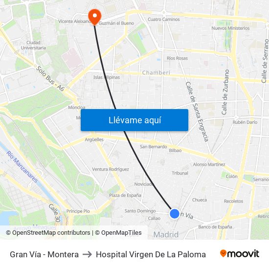 Gran Vía - Montera to Hospital Virgen De La Paloma map