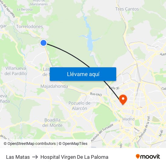 Las Matas to Hospital Virgen De La Paloma map