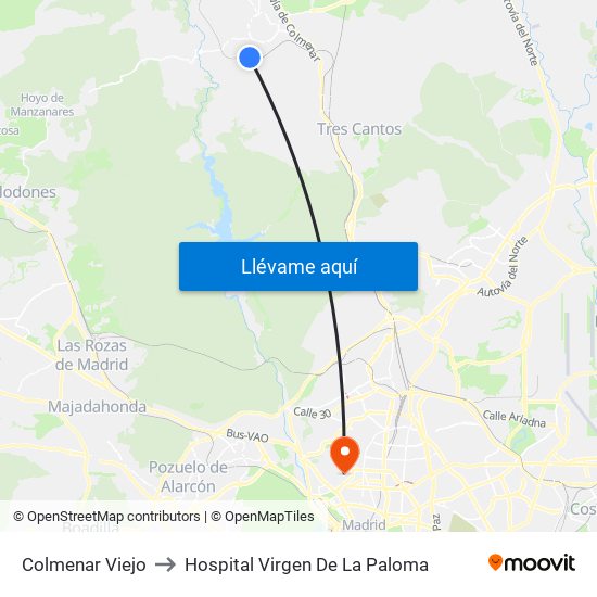 Colmenar Viejo to Hospital Virgen De La Paloma map