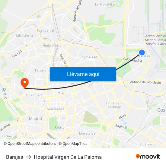 Barajas to Hospital Virgen De La Paloma map
