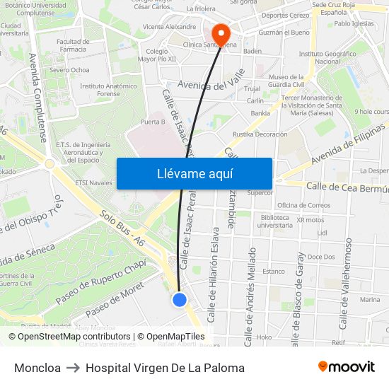 Moncloa to Hospital Virgen De La Paloma map