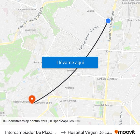 Intercambiador De Plaza De Castilla to Hospital Virgen De La Paloma map