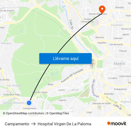 Campamento to Hospital Virgen De La Paloma map