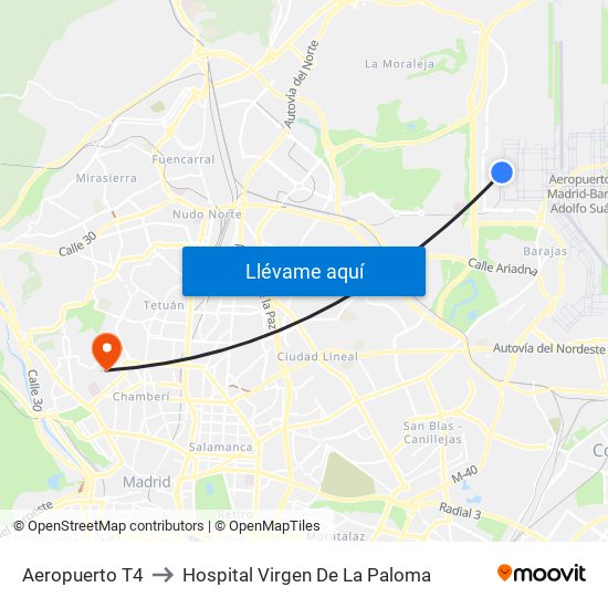 Aeropuerto T4 to Hospital Virgen De La Paloma map