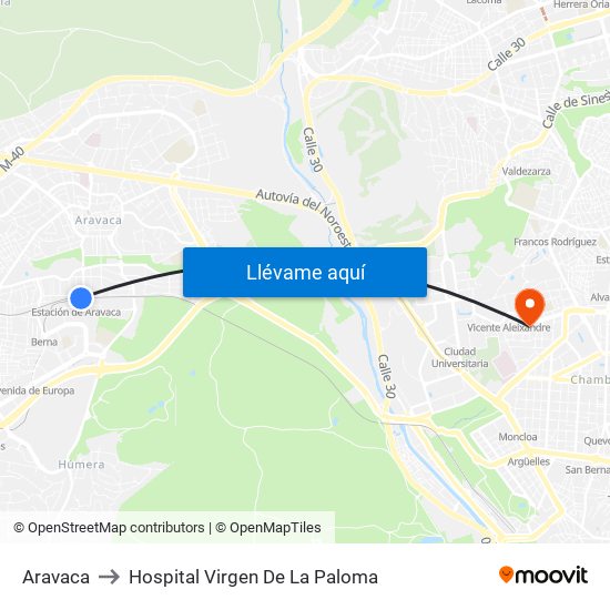 Aravaca to Hospital Virgen De La Paloma map