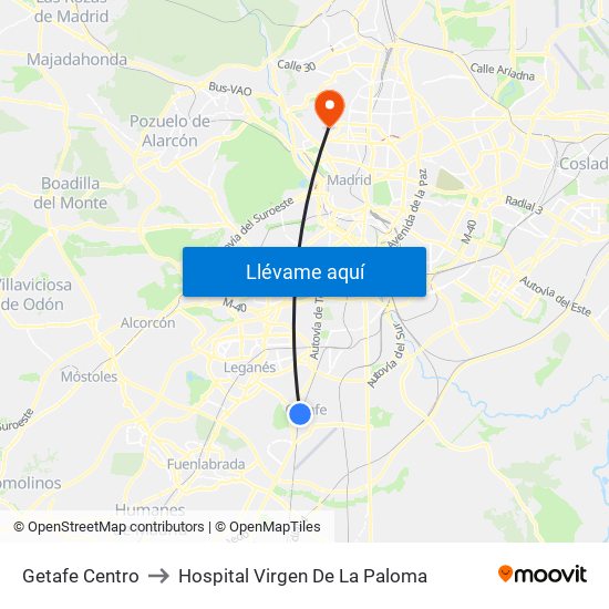 Getafe Centro to Hospital Virgen De La Paloma map