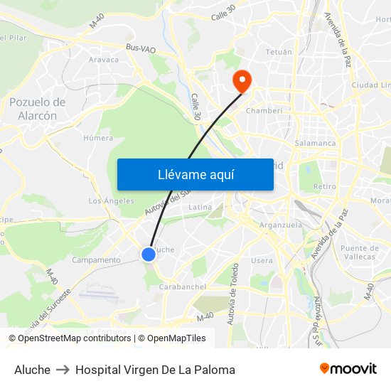 Aluche to Hospital Virgen De La Paloma map