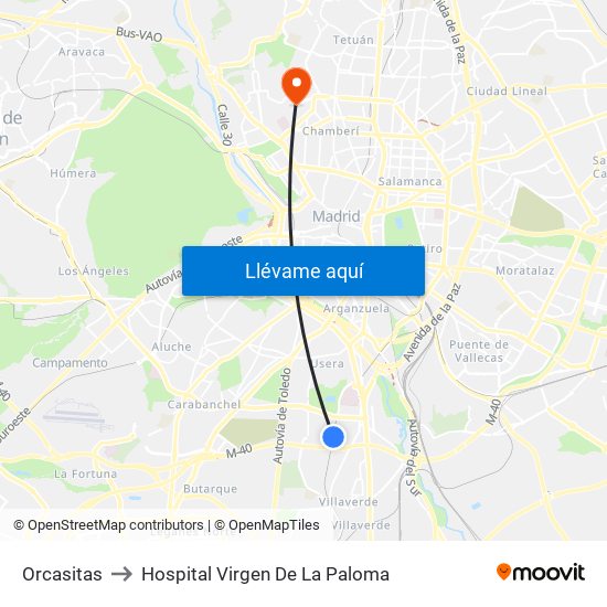 Orcasitas to Hospital Virgen De La Paloma map