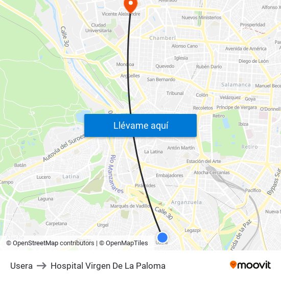 Usera to Hospital Virgen De La Paloma map