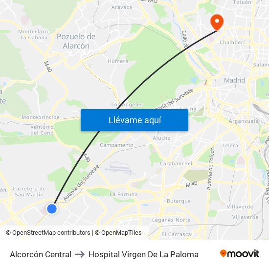 Alcorcón Central to Hospital Virgen De La Paloma map