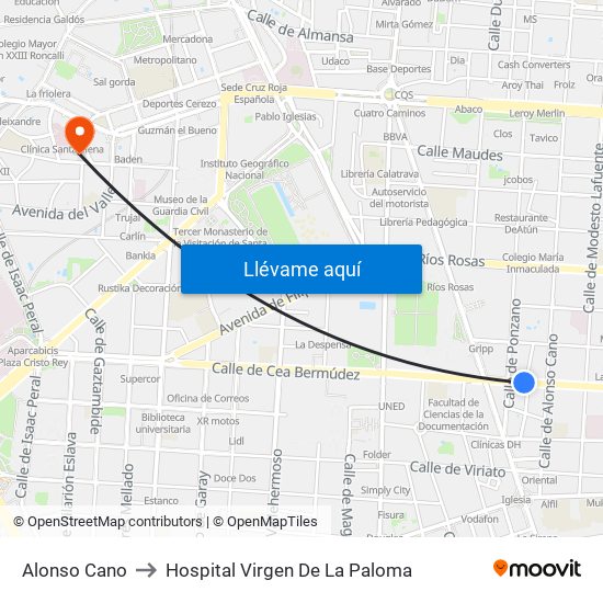Alonso Cano to Hospital Virgen De La Paloma map