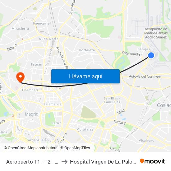 Aeropuerto T1 - T2 - T3 to Hospital Virgen De La Paloma map