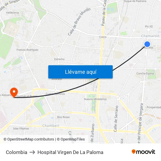 Colombia to Hospital Virgen De La Paloma map