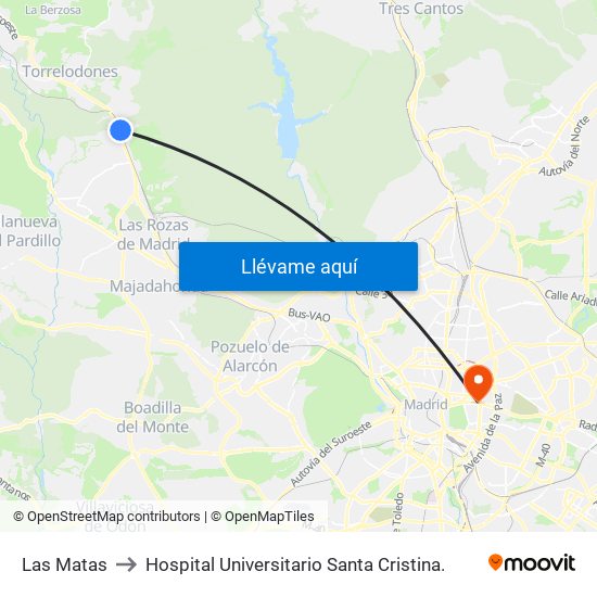 Las Matas to Hospital Universitario Santa Cristina. map