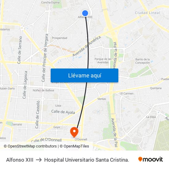 Alfonso XIII to Hospital Universitario Santa Cristina. map