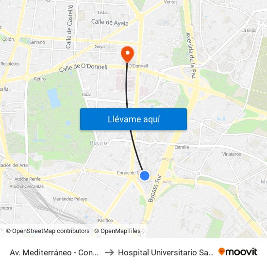 Av. Mediterráneo - Conde De Casal to Hospital Universitario Santa Cristina. map
