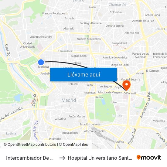 Intercambiador De Moncloa to Hospital Universitario Santa Cristina. map