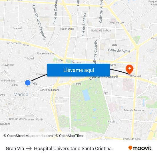 Gran Vía to Hospital Universitario Santa Cristina. map
