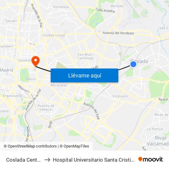Coslada Central to Hospital Universitario Santa Cristina. map