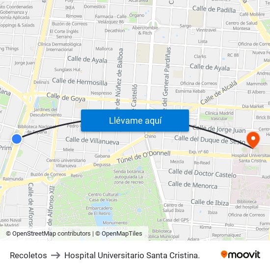 Recoletos to Hospital Universitario Santa Cristina. map