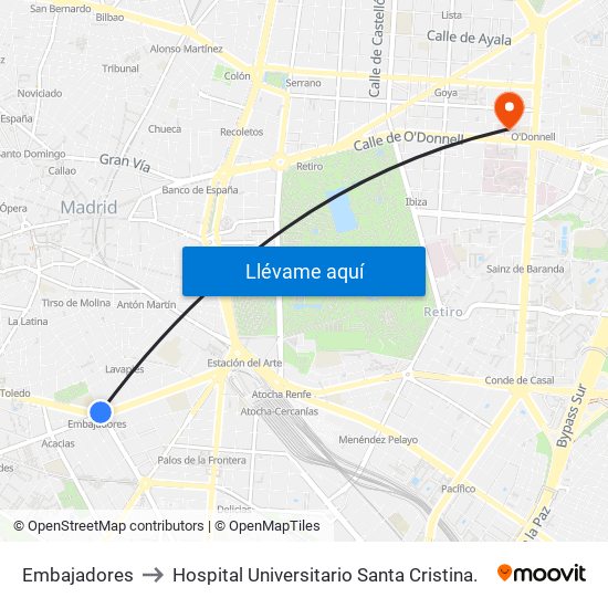 Embajadores to Hospital Universitario Santa Cristina. map