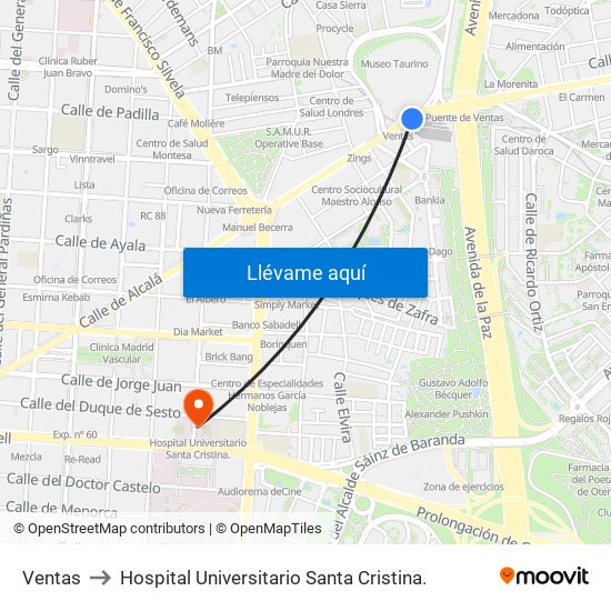 Ventas to Hospital Universitario Santa Cristina. map