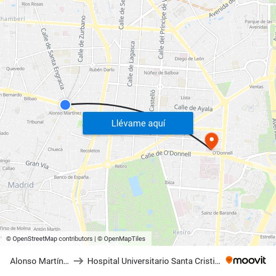 Alonso Martínez to Hospital Universitario Santa Cristina. map