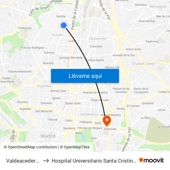 Valdeacederas to Hospital Universitario Santa Cristina. map