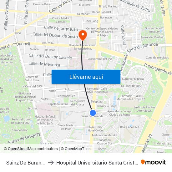 Sainz De Baranda to Hospital Universitario Santa Cristina. map