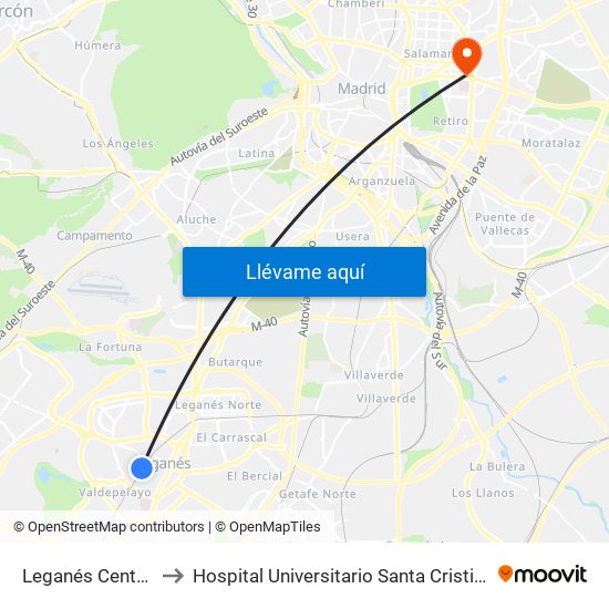 Leganés Central to Hospital Universitario Santa Cristina. map