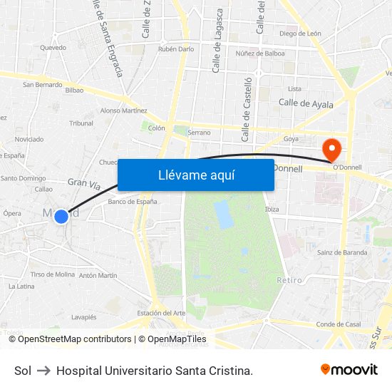 Sol to Hospital Universitario Santa Cristina. map