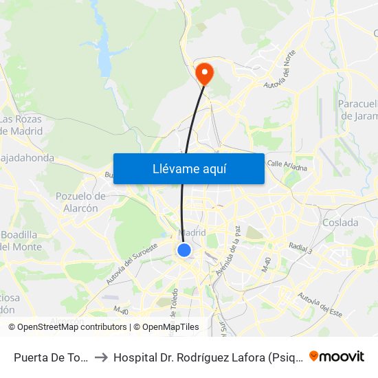 Puerta De Toledo to Hospital Dr. Rodríguez Lafora (Psiquiátrico) map