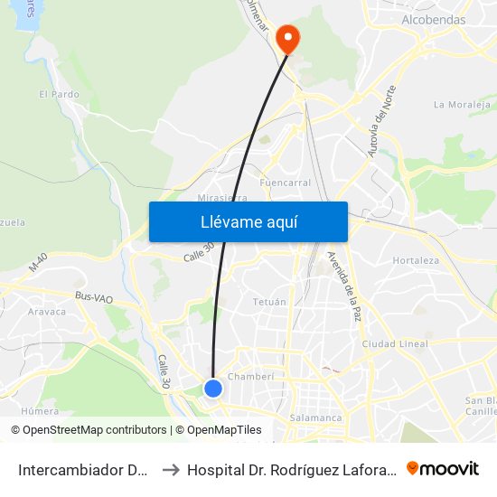 Intercambiador De Moncloa to Hospital Dr. Rodríguez Lafora (Psiquiátrico) map