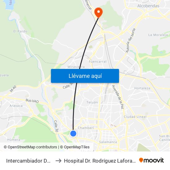 Intercambiador De Moncloa to Hospital Dr. Rodríguez Lafora (Psiquiátrico) map