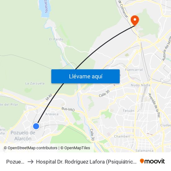Pozuelo to Hospital Dr. Rodríguez Lafora (Psiquiátrico) map