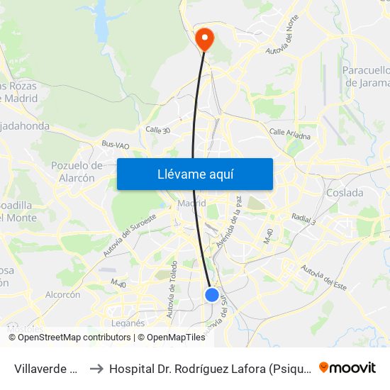 Villaverde Bajo to Hospital Dr. Rodríguez Lafora (Psiquiátrico) map