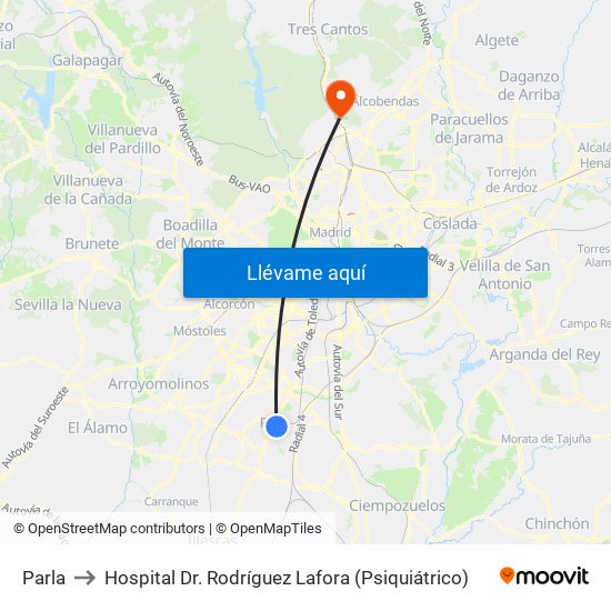 Parla to Hospital Dr. Rodríguez Lafora (Psiquiátrico) map