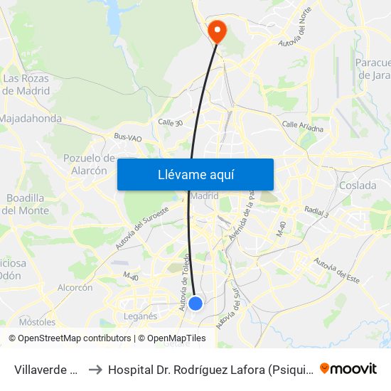 Villaverde Alto to Hospital Dr. Rodríguez Lafora (Psiquiátrico) map