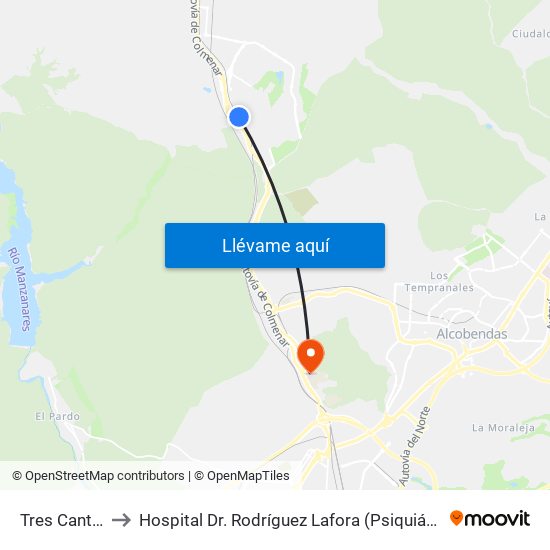 Tres Cantos to Hospital Dr. Rodríguez Lafora (Psiquiátrico) map