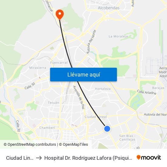 Ciudad Lineal to Hospital Dr. Rodríguez Lafora (Psiquiátrico) map