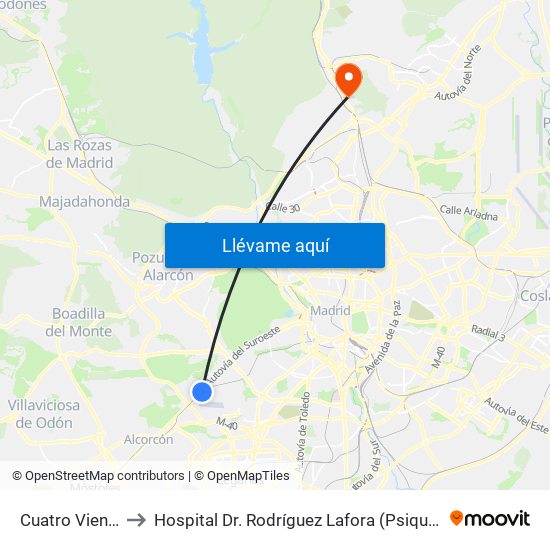 Cuatro Vientos to Hospital Dr. Rodríguez Lafora (Psiquiátrico) map