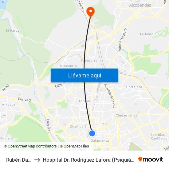 Rubén Darío to Hospital Dr. Rodríguez Lafora (Psiquiátrico) map