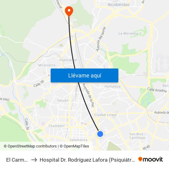 El Carmen to Hospital Dr. Rodríguez Lafora (Psiquiátrico) map