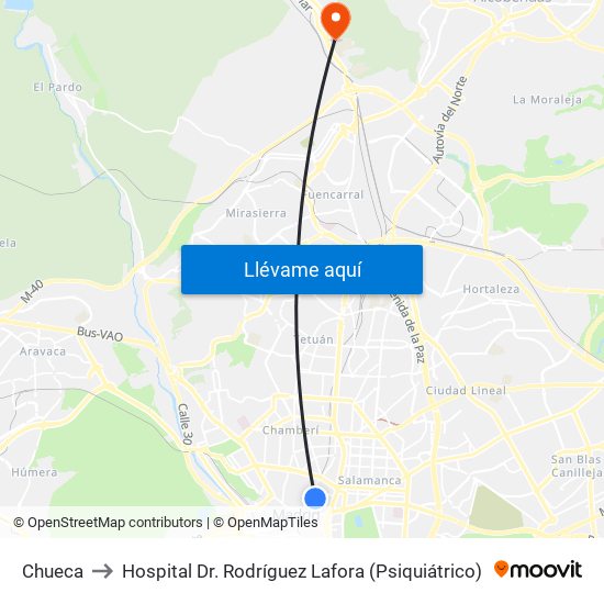 Chueca to Hospital Dr. Rodríguez Lafora (Psiquiátrico) map