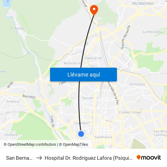 San Bernardo to Hospital Dr. Rodríguez Lafora (Psiquiátrico) map
