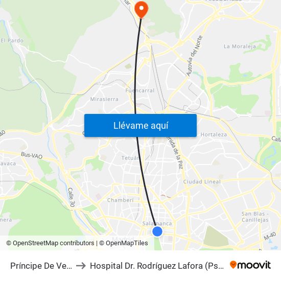 Príncipe De Vergara to Hospital Dr. Rodríguez Lafora (Psiquiátrico) map