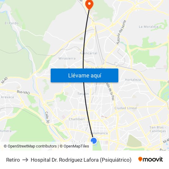 Retiro to Hospital Dr. Rodríguez Lafora (Psiquiátrico) map