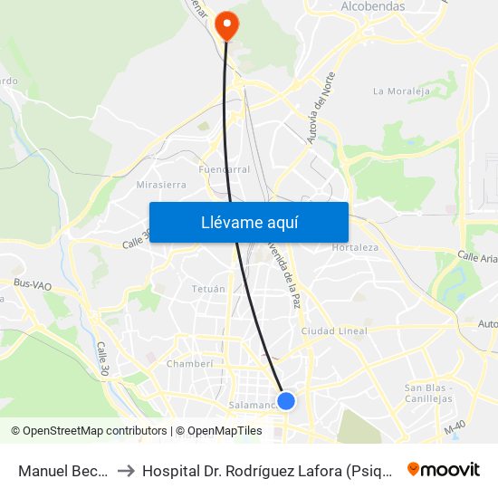Manuel Becerra to Hospital Dr. Rodríguez Lafora (Psiquiátrico) map